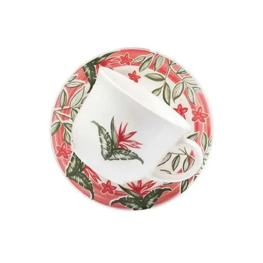Xícara de Chá Oxford Biona 200 ml com Pires – Cerâmica Estampada Jardim Tropical – Resistente Micro-ondas & Lava-louças, Design Flores Coloridas