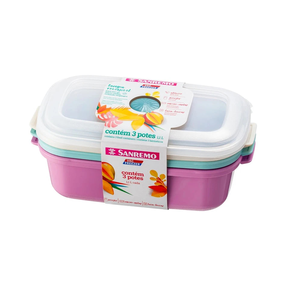 Kit 3 Potes Retangulares 1,1 L Sanremo Vac Freezer — Hermético | Livre de BPA | Micro-ondas, Freezer, Lava-louças
