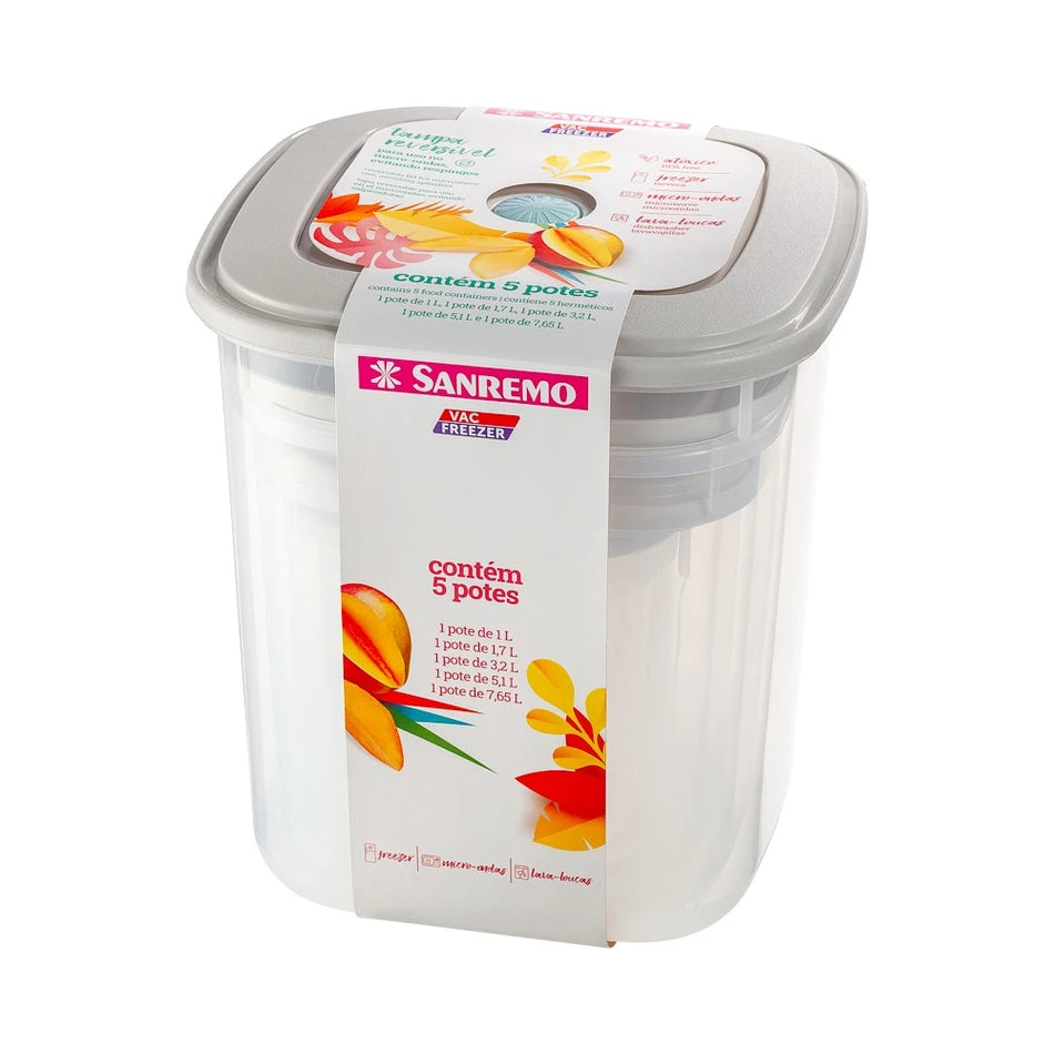 Kit 5 Potes Quadrados Sanremo Vac Freezer 490/2C Hermético Freezer Micro-ondas