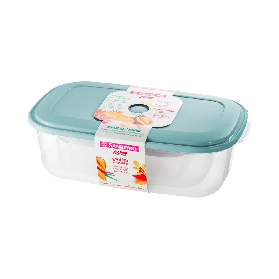 Conjunto 3 Potes Retangulares Sanremo Vac Freezer — 1,1 L / 2,34 L / 4,5 L | Hermético, BPA-Free, Micro-ondas/Freezer/Lava-louças