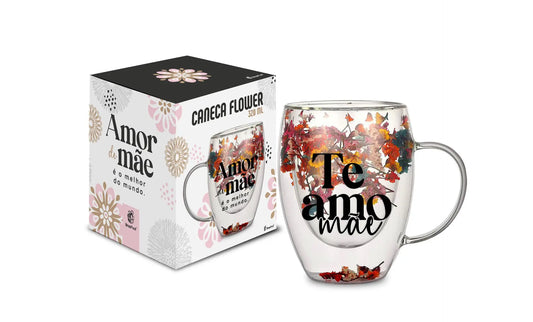 Caneca de Vidro Flower 320ml Brasfoot | Mãe, Melhor Amor do Mundo
