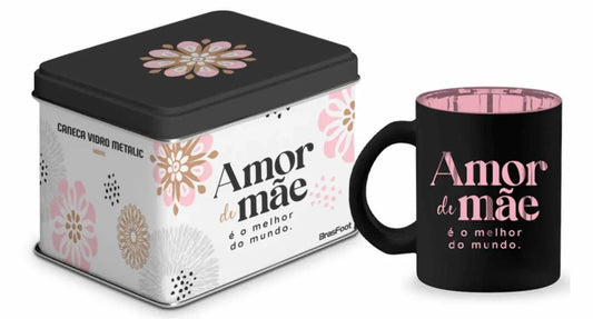 Caneca de Vidro Diamond Metalic 300ml com Lata Presente – Amor de Mãe é o Melhor Amor do Mundo | Brasfoot