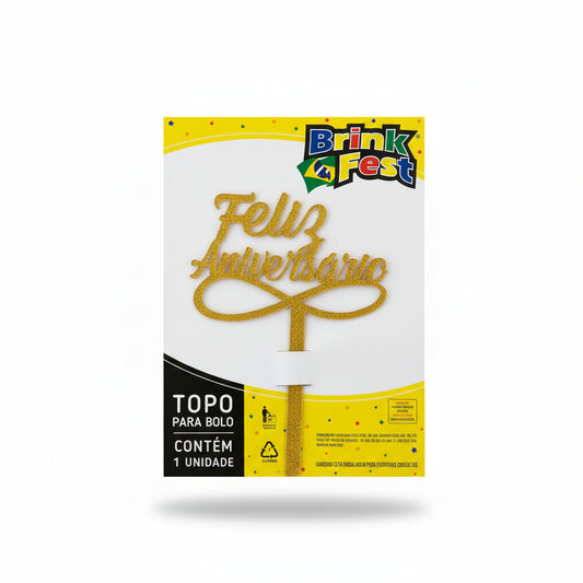 Topo de Bolo Feliz Aniversário Dourado — Brink Fest