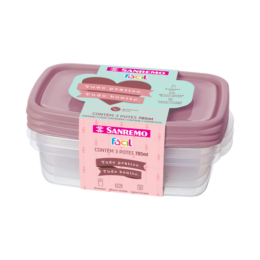 Kit 3 Potes Sanremo 785ml Rosa Hermético, Livre de BPA, Micro-ondas/Freezer