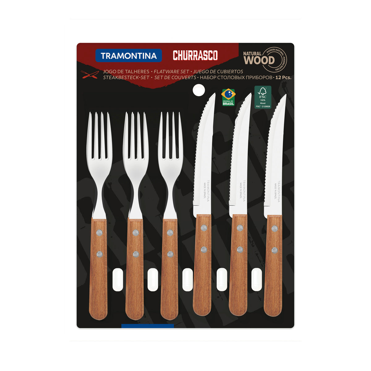 Jogo de Talheres Tramontina Churrasco 12 Peças | Aço Inox e Madeira Natural