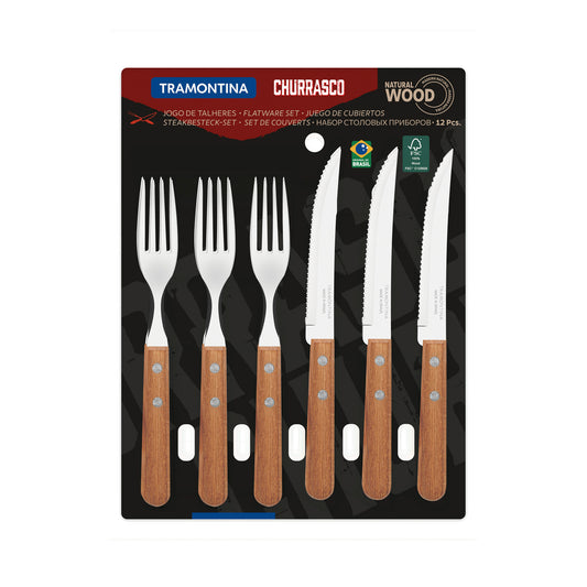 Jogo de Talheres Tramontina Churrasco 12 Peças | Aço Inox e Madeira Natural