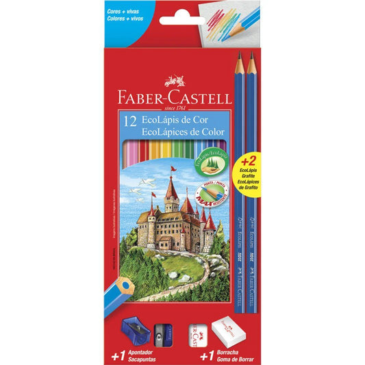 Lápis de Cor Faber-Castell EcoLápis 12 Cores, Kit com Apontador, Borracha e 2 EcoLápis Grafite 120112+2N