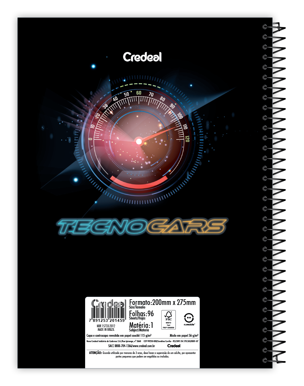 Caderno TecnoCars Credeal | Estampa Carros | 1 Matéria 96 Folhas Capa Dura Universitário