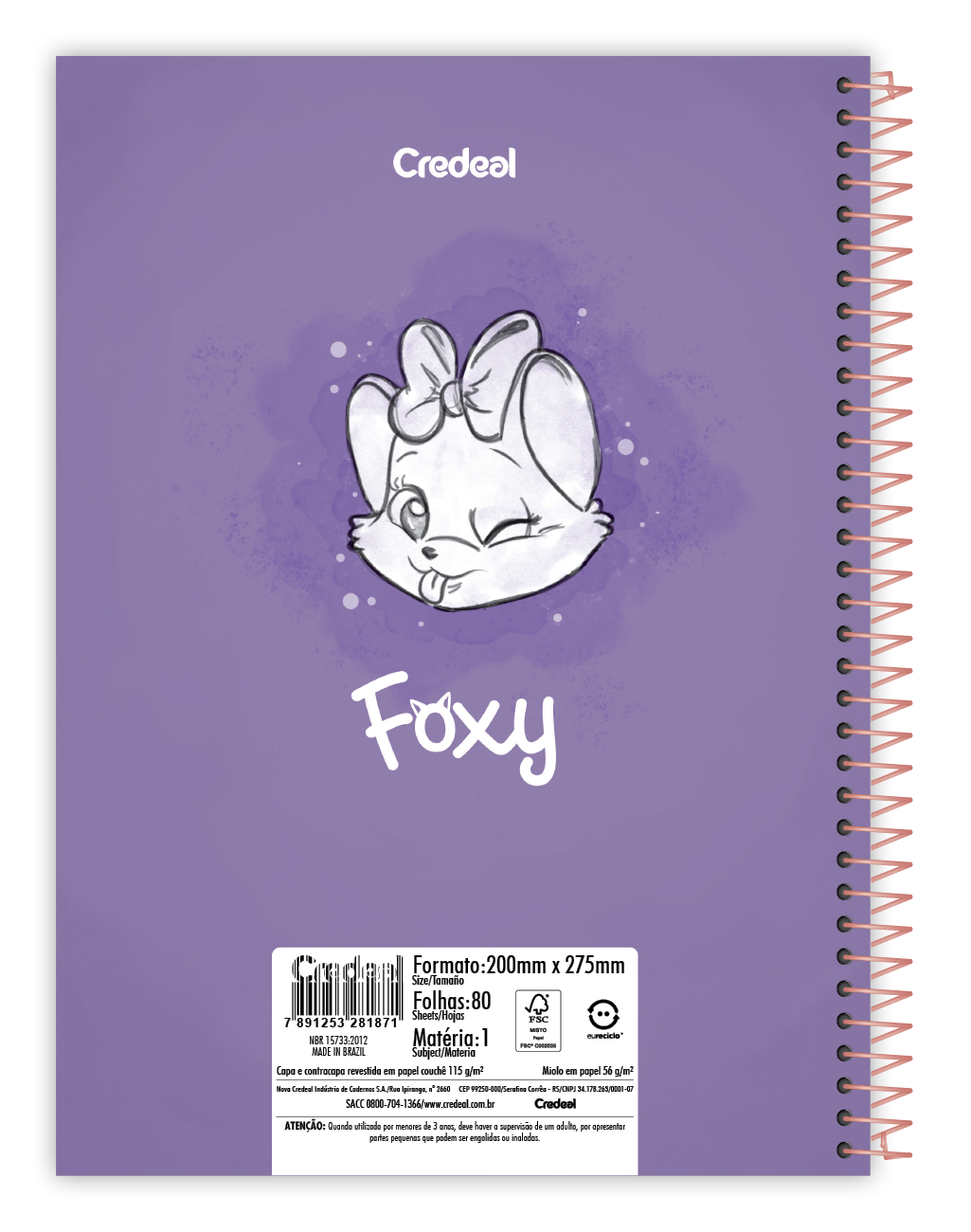 Caderno Foxy Teen 1 Matéria 80 Folhas Credeal, Capa Dura, Universitário 200×275 mm