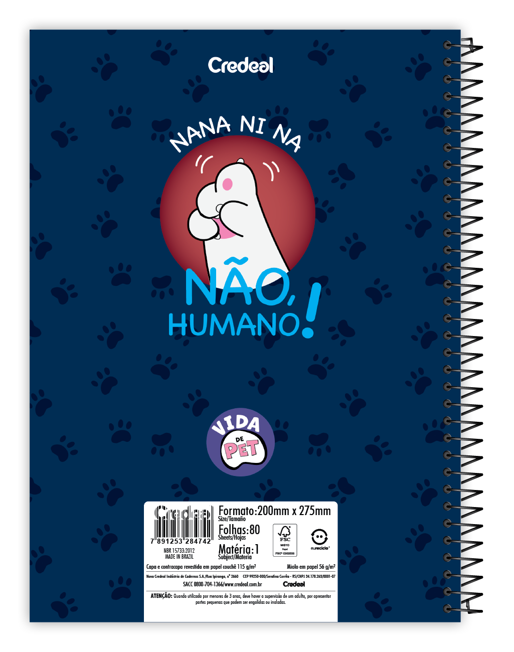 Caderno Vida de Pet 80 Folhas 1 Matéria Universitário Credeal – Capa Dura, Espiral – Design Pet Adorável