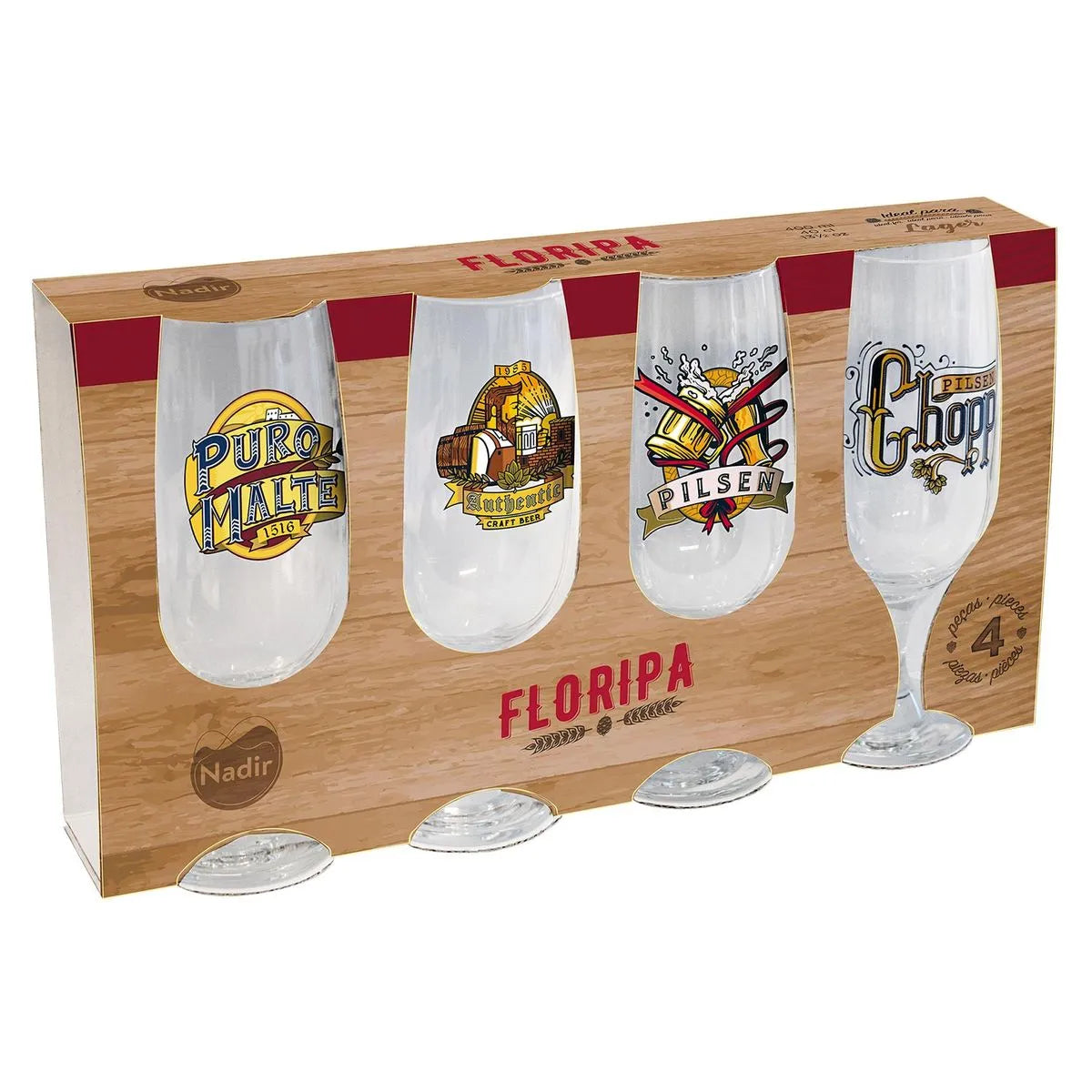 Conjunto 4 Taças de Cerveja Floripa 300 ml Nadir – Vidro Transparente Decorado | Linha Pokal