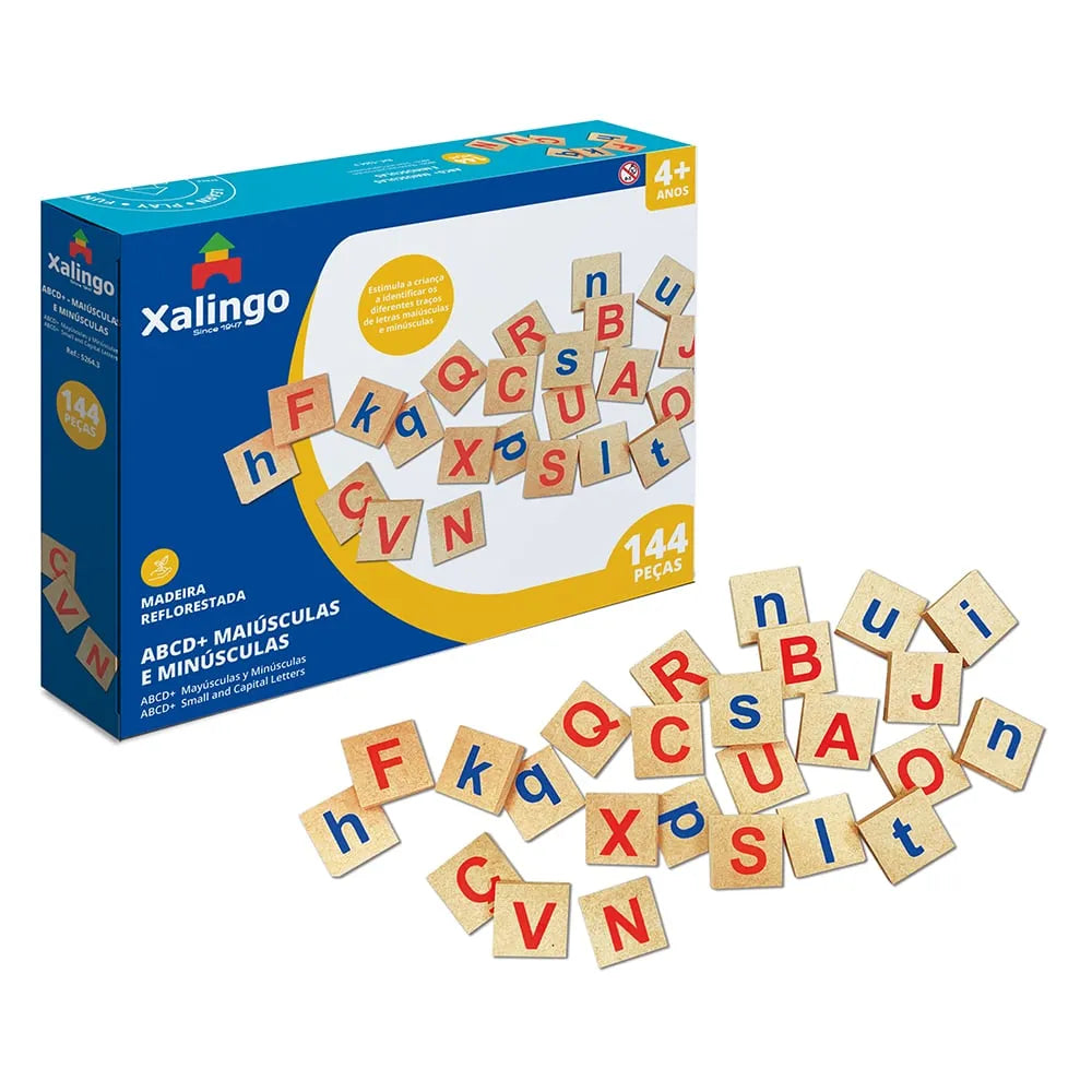 Jogo Educativo ABCD+ Maiúsculas e Minúsculas - 144 Peças - Madeira Reflorestada | Xalingo