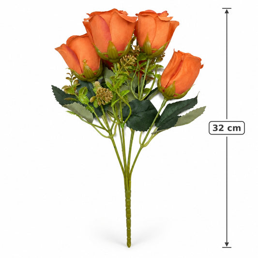Buquê de Botões de Rosa Artificiais Laranja Outono 32 cm – 6 Hastes | FlorArte