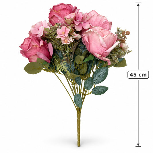 Buquê de Rosas e Hortênsias Artificiais Rosa Outono 45 cm – 9 Hastes | FlorArte