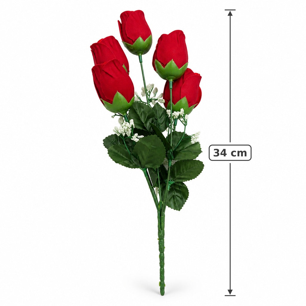 Buquê de Rosas Artificiais Vermelhas Botão Aveludado 34cm – 5 Botões | Florarte