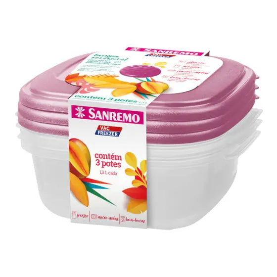 Conjunto 3 Potes Quadrados Sanremo Vac Freezer — 1,3 L cada | Hermético, BPA-Free