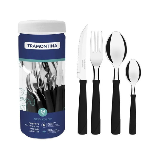 Faqueiro Tramontina New Kolor 24 Peças Preto – Talheres em Aço Inox com Cabo Resistente + Pote Organizador