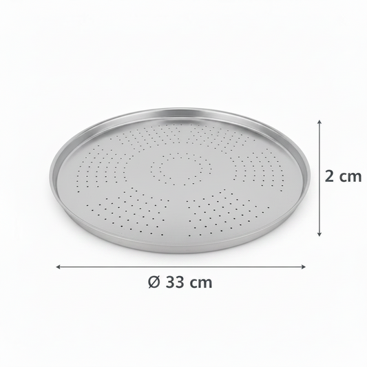 Forma de Pizza Furada 33cm – Alumínio Polido 5 Estrelas | Massa Crocante Garantida