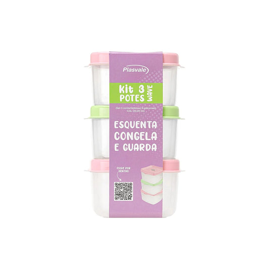 Kit 3 Potes Wave Quadrados 600 ml 13 x 11,5 x 6,5 cm Verde e Rosa | Plasvale – Potes com Tampa e Válvula | BPA Free | Freezer e Micro-ondas