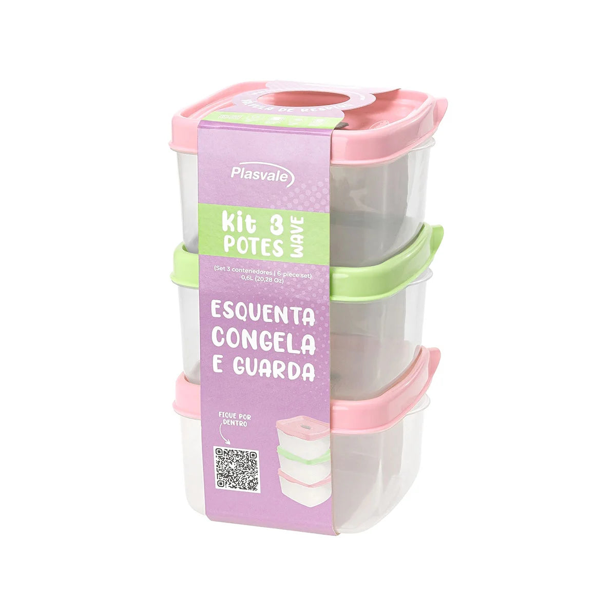 Kit 3 Potes Wave Quadrados 600 ml 13 x 11,5 x 6,5 cm Verde e Rosa | Plasvale – Potes com Tampa e Válvula | BPA Free | Freezer e Micro-ondas