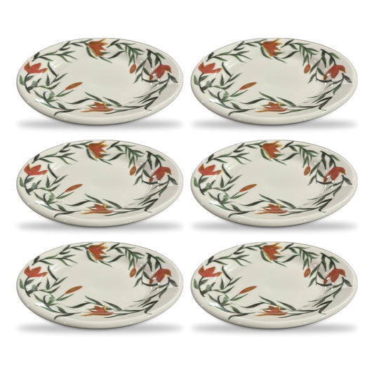 Jogo 6 Pratos de Sobremesa Donna Lírios 18 cm | Cerâmica Biona Oxford | Floral Laranja e Verde