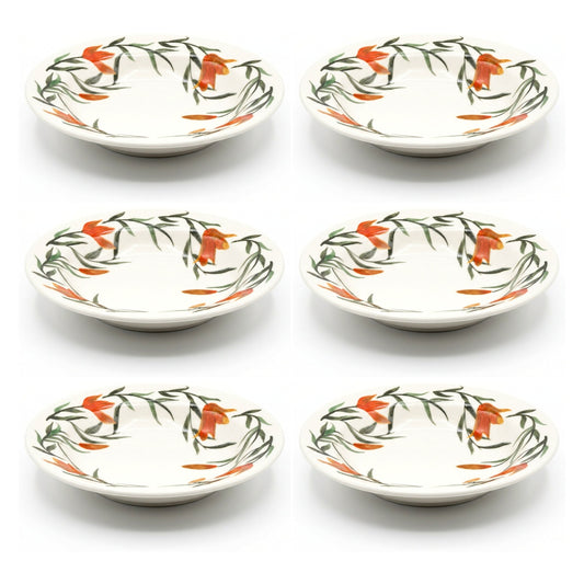 Kit 6 Pratos Fundos Lírios 21,5 cm | Cerâmica Biona Oxford Donna | Floral Laranja e Verde