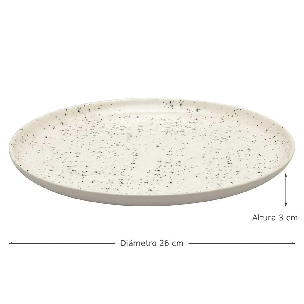 Prato Raso Oxford Flat Chuvisco 26 cm — Cerâmica Off White com Detalhes Pretos