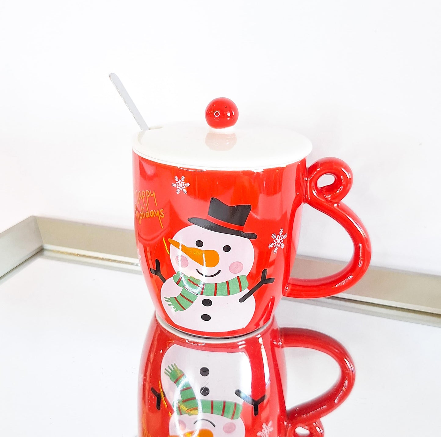 Xícara Cerâmica de Natal com Tampa e Colher – Boneco de Neve 410 ml