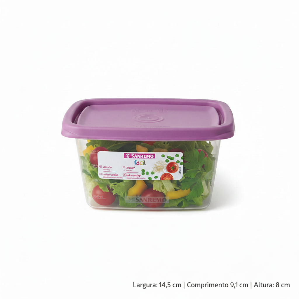 Pote Retangular Plástico Sanremo Linha Fácil 580ml — Hermético, Sem BPA, Micro-ondas e Freezer