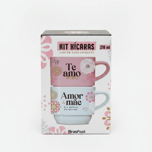 Kit 2 Canecas Porcelana 210ml Empilhadas | Amor de mãe é o melhor do mundo | Brasfoot