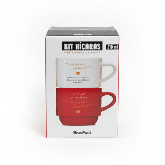 Kit 2 Canecas de Porcelana Empilháveis "A vida é mais bonita ao seu lado" 210ml – Brasfoot