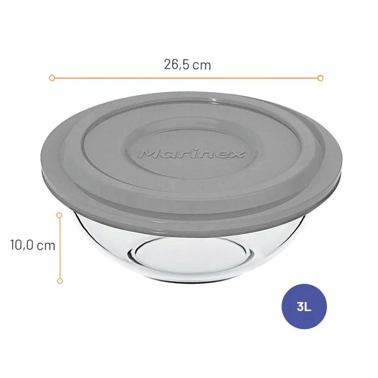 Tigela de Vidro Marinex Plus Astral 3 Litros com Tampa Plástica sem BPA – Micro-ondas, Freezer e Lava-louças