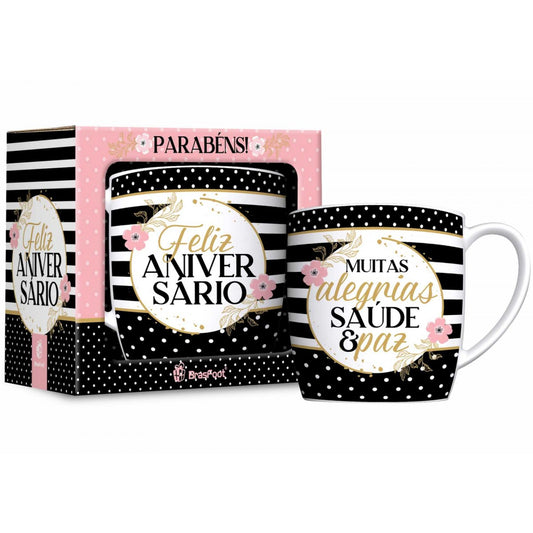 Caneca de Porcelana Urban 300 ml | Feliz Aniversário! Muitas Alegrias, Saúde e Paz | Brasfoot Presentes
