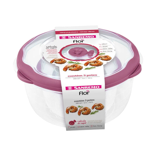 Conjunto 3 Potes Herméticos Sanremo Flor — 290ml / 1,1L / 3,2L | Vedação de Borracha