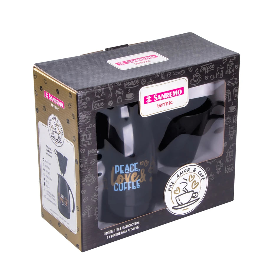 Conjunto Garrafa Térmica 700 ml + Suporte Filtro 102 — Bule Térmico Preto Sanremo | 6h quente / 12h frio | Ampola de vidro | BPA-Free