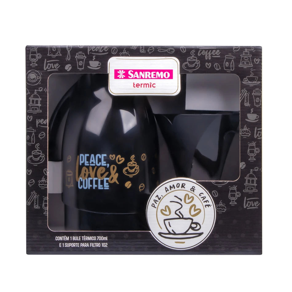 Conjunto Garrafa Térmica 700 ml + Suporte Filtro 102 — Bule Térmico Preto Sanremo | 6h quente / 12h frio | Ampola de vidro | BPA-Free