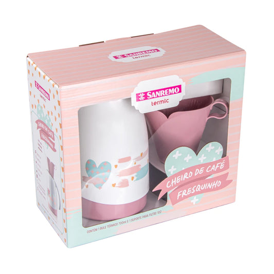 Conjunto Garrafa Térmica 700 ml + Suporte Filtro 102 | Branco • Ampola de vidro • 6h quente / 12h frio