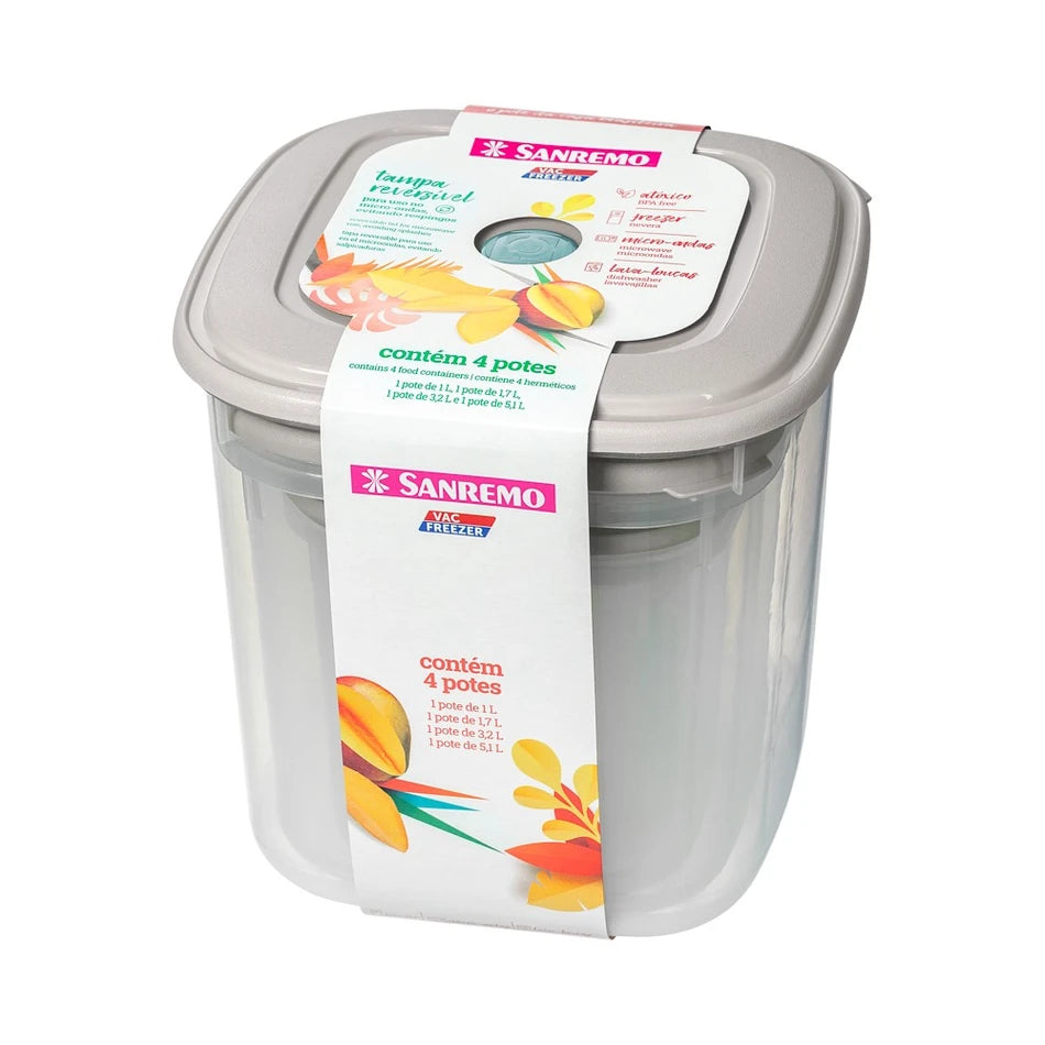 Conjunto 4 Potes Sanremo Vac Freezer SR485/2C 1L 1,7L 3,2L 5,1L BPA Free