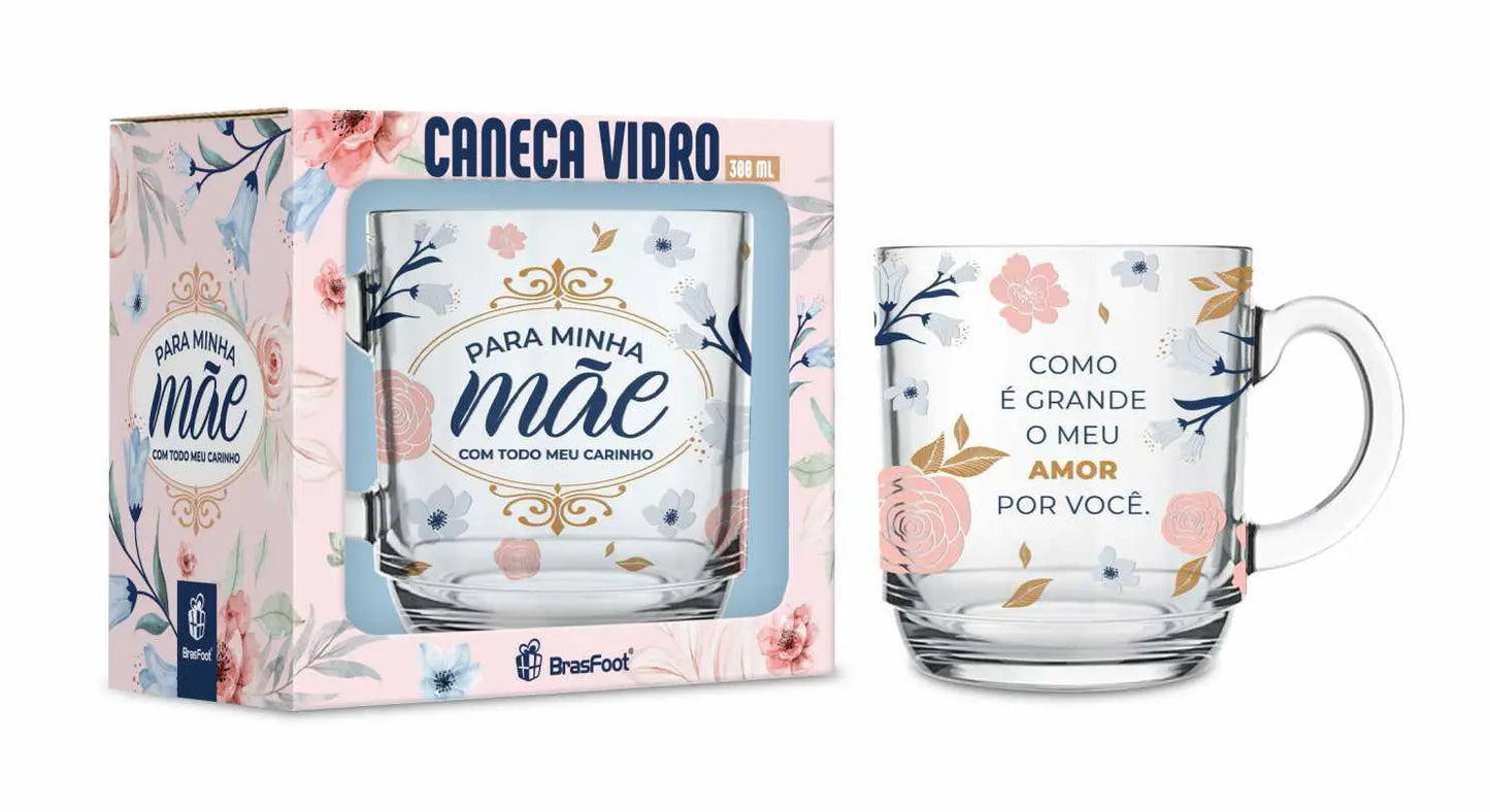 Caneca de Vidro Elegance 300ml – Para Minha Mãe com Todo Carinho | Brasfoot Presentes