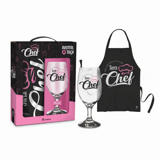 Kit Taça + Avental Super Chef Rosa Brasfoot 330ml | Presente Criativo para Cozinhar e Churrasco