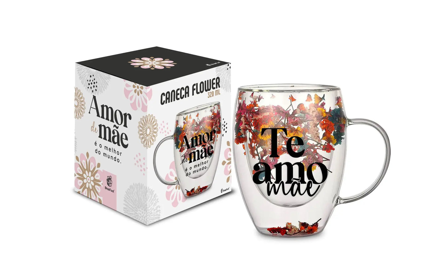 Caneca de Vidro Flower 320ml Brasfoot | Mãe, Melhor Amor do Mundo