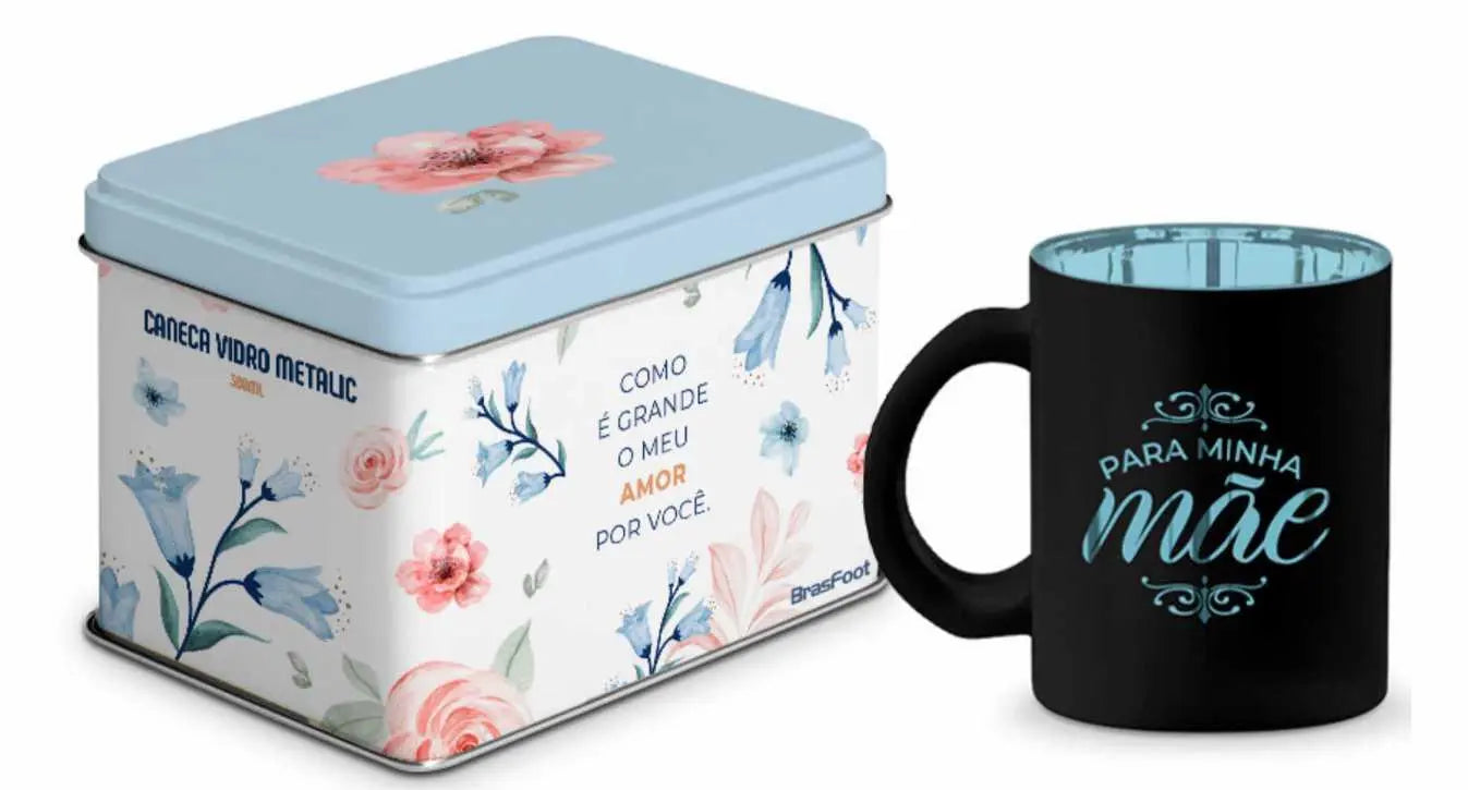 Caneca de Vidro 300ml Diamond Metalic com Lata – Presente para Mãe “Com Todo Meu Carinho” | Brasfoot