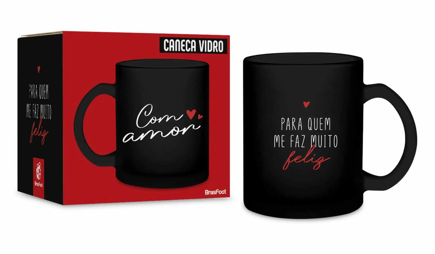 Caneca de Vidro Diamond 300ml Brasfoot – “Você Me Faz Muito Feliz”