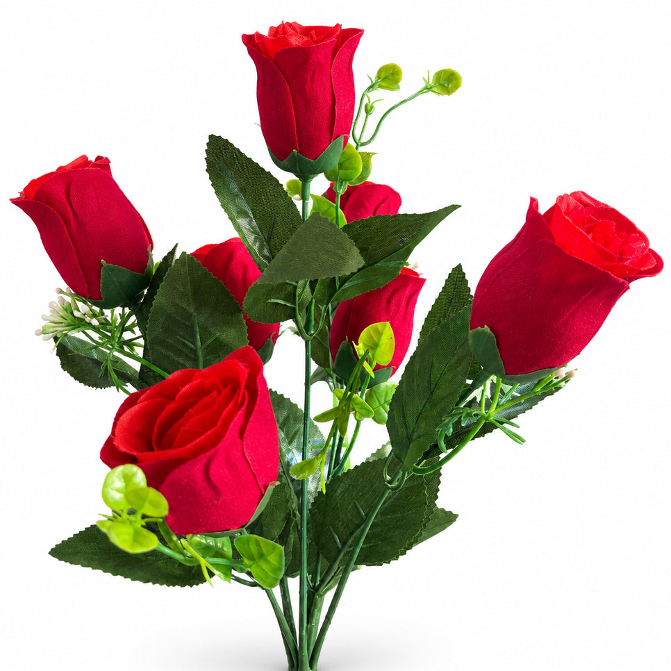 Buquê de Rosas Artificiais Vermelhas Botão Aveludado 38cm – 7 Botões | Florarte