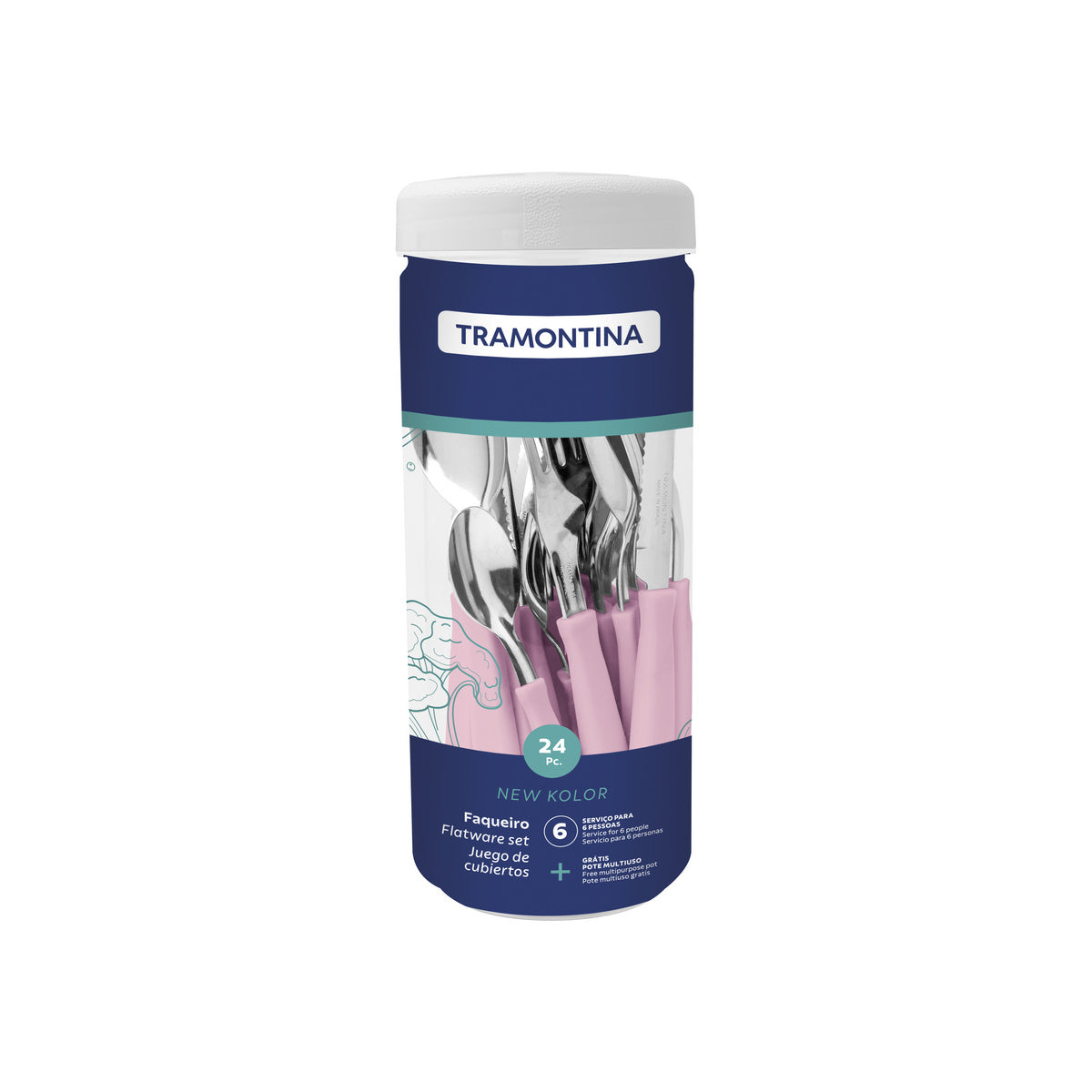 Faqueiro Tramontina New Kolor Rosa 24 Peças em Aço Inox com Cabos de Polipropileno