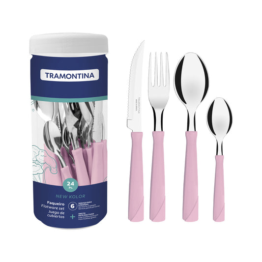 Faqueiro Tramontina New Kolor Rosa 24 Peças em Aço Inox com Cabos de Polipropileno