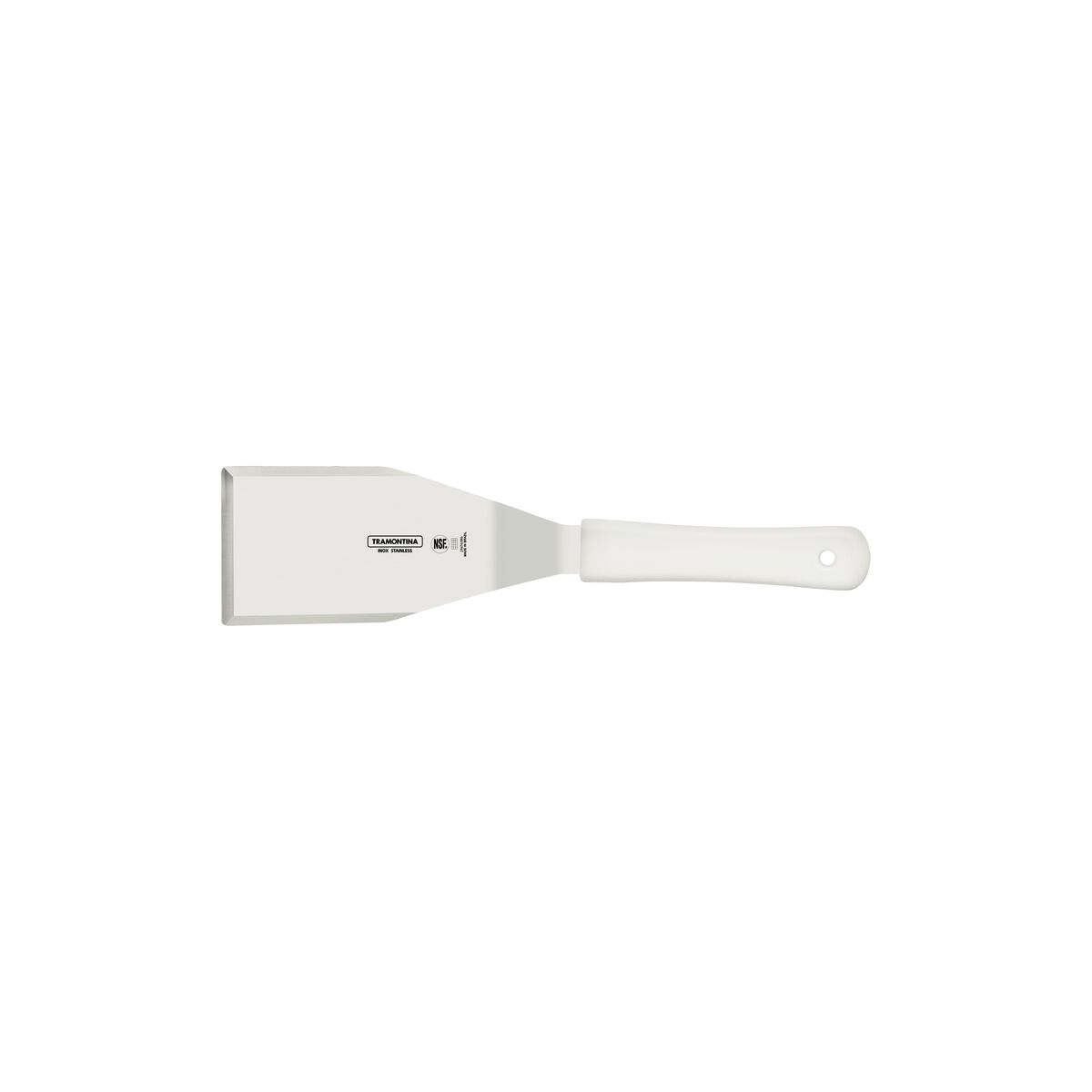 Espátula Profissional para Hambúrguer Tramontina 7×4¼″ | Aço Inox DIN 1.4110 • Cabo Polipropileno Branco Antimicrobiano • NSF
