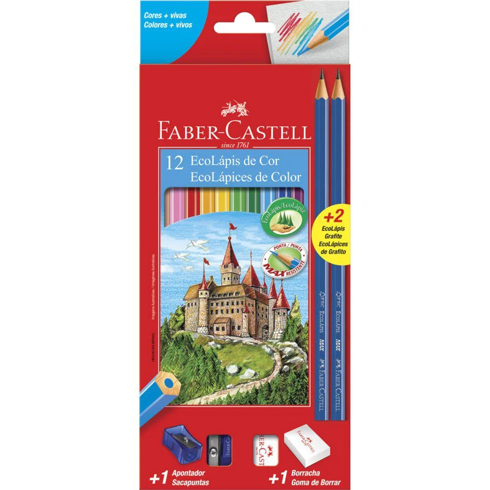 Lápis de Cor Faber-Castell EcoLápis 12 Cores, Kit com Apontador, Borracha e 2 EcoLápis Grafite 120112+2N