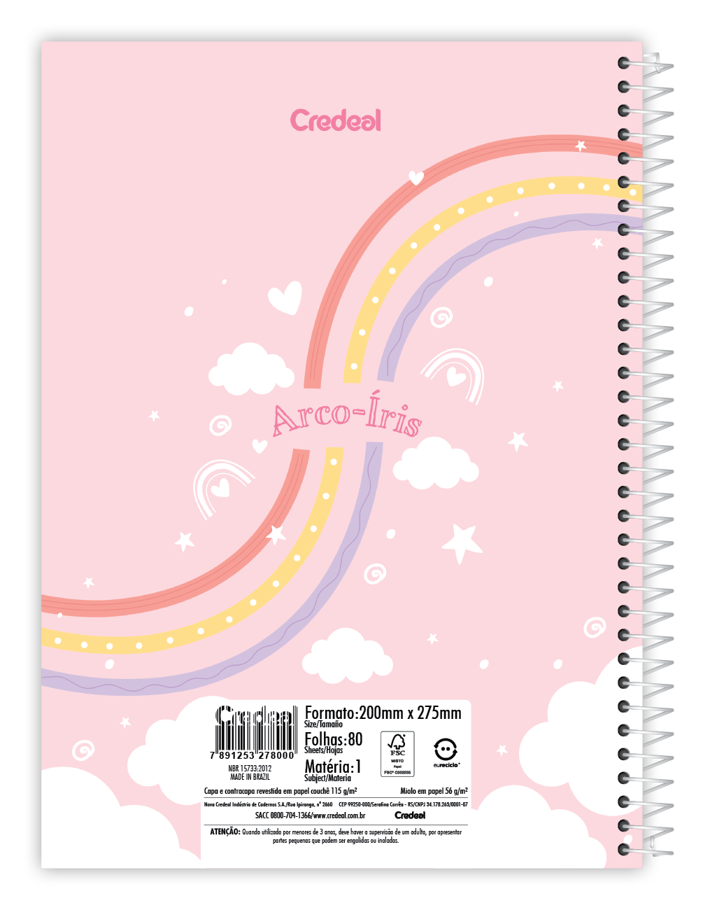 Caderno Arco‑Íris 1 Matéria 80 Folhas Credeal – Capa Dura Espiral Universitário | Design Motivacional Colorido