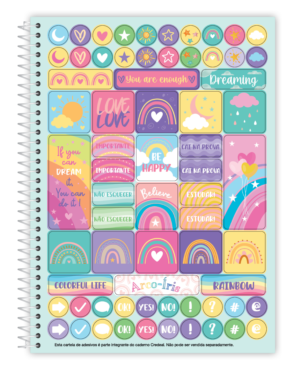 Caderno Arco‑Íris 1 Matéria 80 Folhas Credeal – Capa Dura Espiral Universitário | Design Motivacional Colorido